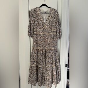 Baltic Born Floral V-Neck Midi Dress in Cream and Blue